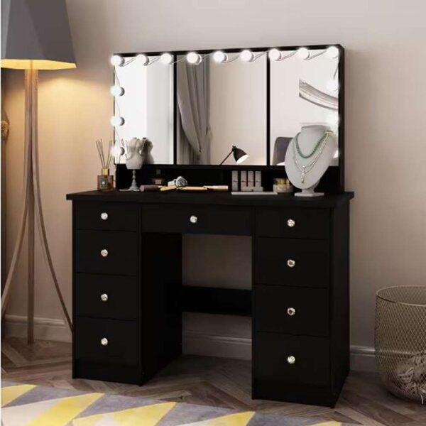Black Modern Makeup Vanity Desk 9-Drawers Wood Dressing Table With 3-Mirrors, Hidden Storage Shelves, LED Bulb Lights