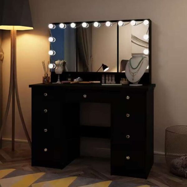 Black Modern Makeup Vanity Desk 9-Drawers Wood Dressing Table With 3-Mirrors, Hidden Storage Shelves, LED Bulb Lights