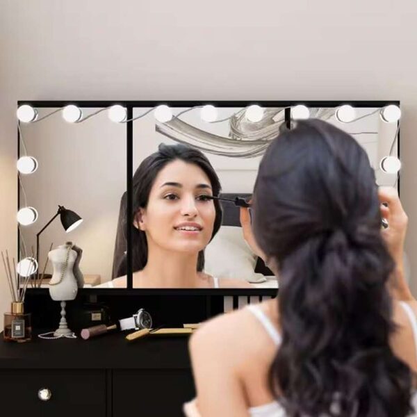 Black Modern Makeup Vanity Desk 9-Drawers Wood Dressing Table With 3-Mirrors, Hidden Storage Shelves, LED Bulb Lights