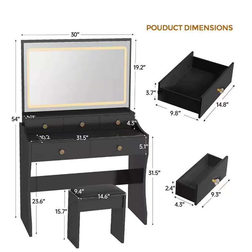 Makeup Vanity Desk with 3-Color Modes Adjustable Lights Vanity Table and Chair Set with Charging Station, Black