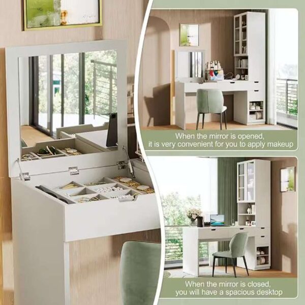 White Makeup Vanity Table with Mirror and Charging Station, Home Office Computer Desk with 3 Drawers, Glass Doors