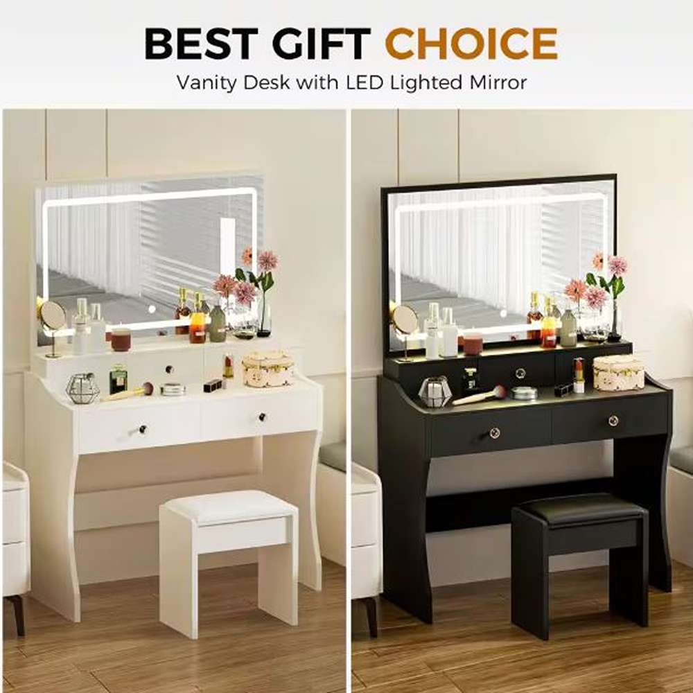 Makeup Vanity Desk with 3-Color Modes Adjustable Lights Vanity Table and Chair Set with Charging Station, Black