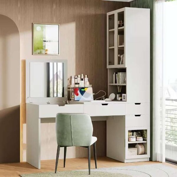 White Makeup Vanity Table with Mirror and Charging Station, Home Office Computer Desk with 3 Drawers, Glass Doors