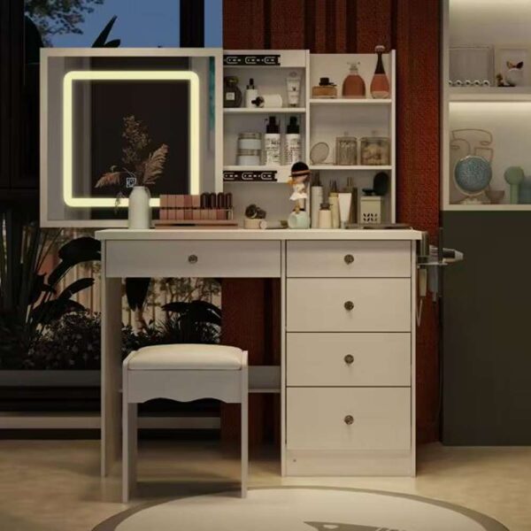 White Makeup Vanity Set Dressing Table with Sliding LED Lighted Mirror Power Strip and Hair Dryer Holder, Drawers, Stool