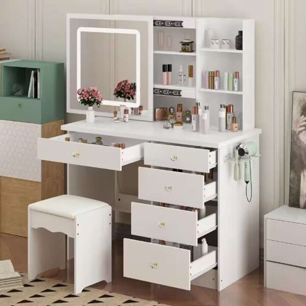 White Makeup Vanity Set Dressing Table with Sliding LED Lighted Mirror Power Strip and Hair Dryer Holder, Drawers, Stool